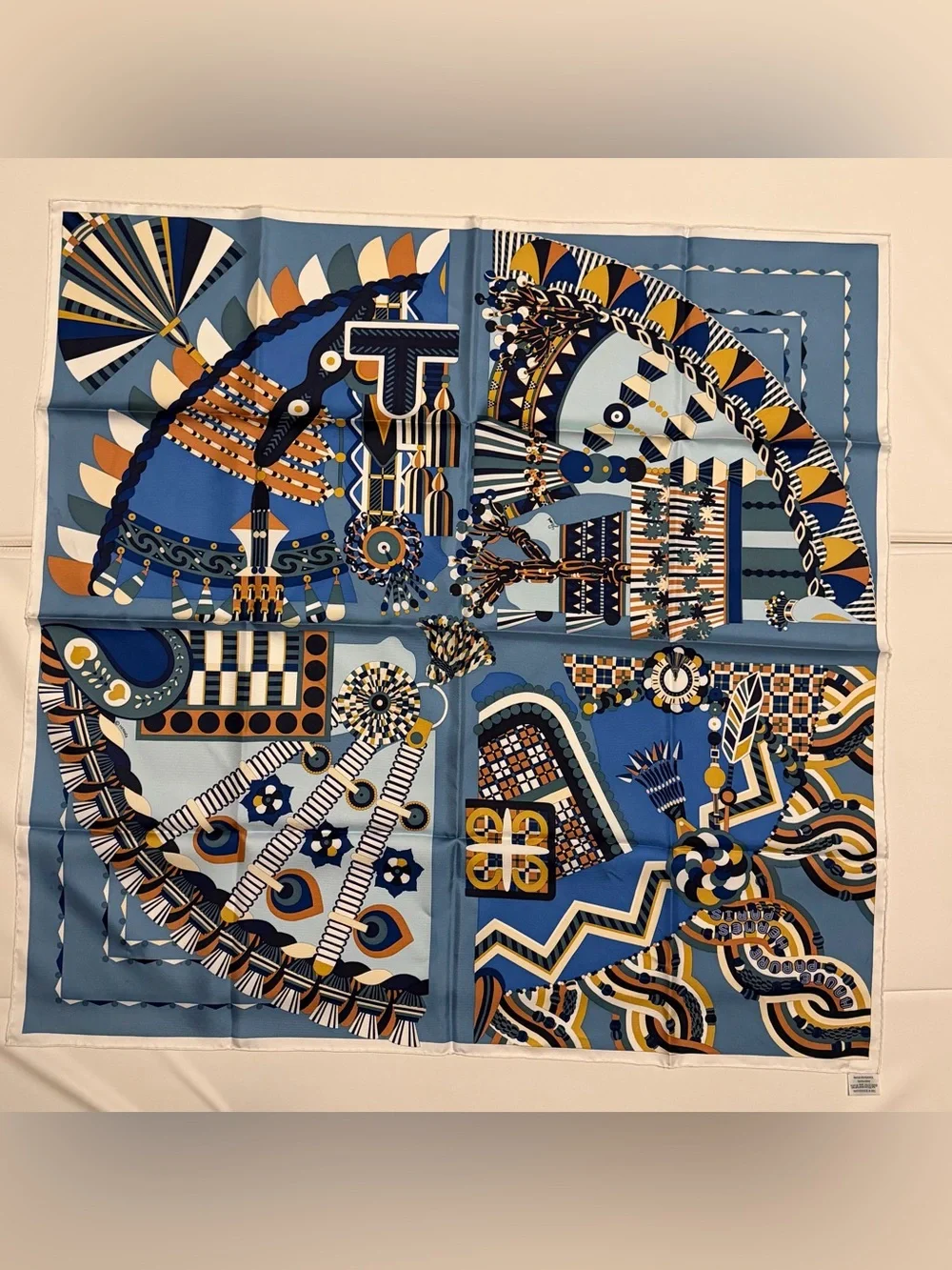 Hermes Haute Parure 90 Silk Scarf Blue Jean Beige Dore Ciel